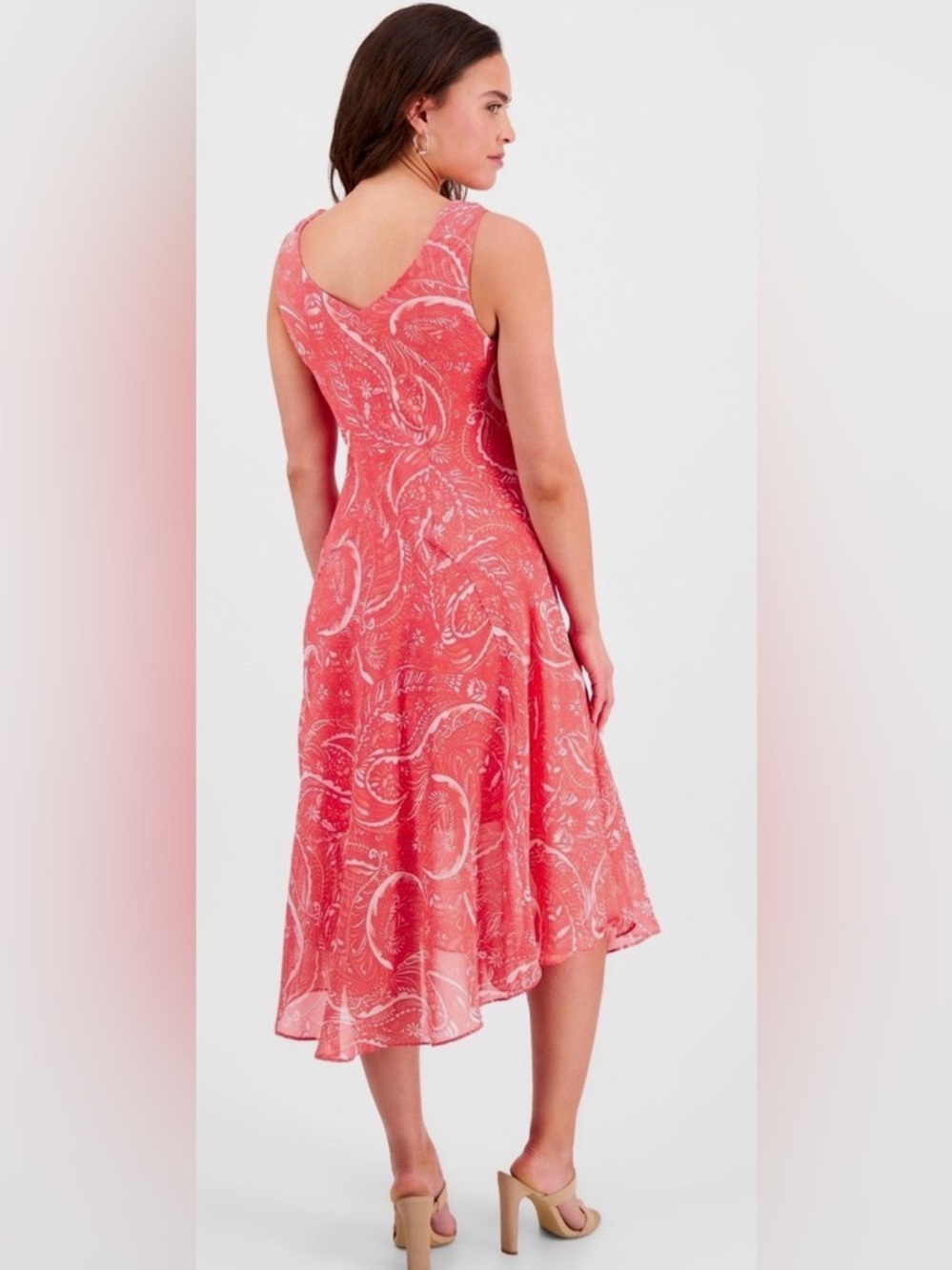 Robbie Bee Coral and White Paisley Cowl-Neck Midi Dress